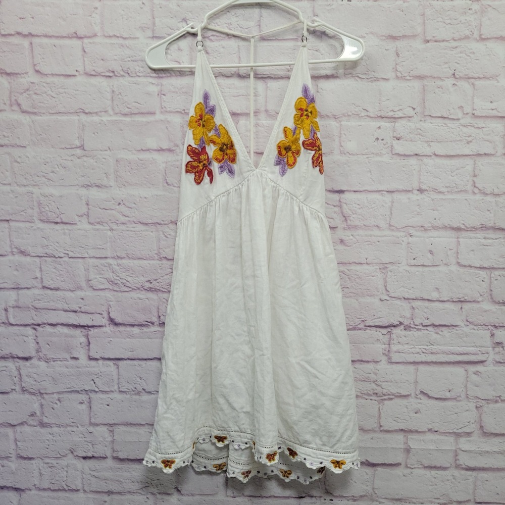 Free People Floral Embroidered Babydoll Halter Mini Dress M 100% Cotton *FLAW
